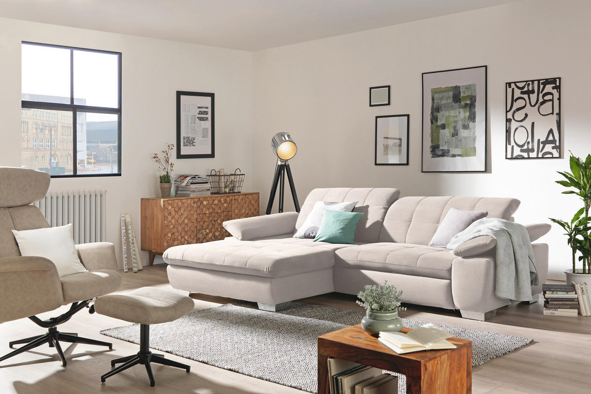 ECKSOFA in Mikrofaser Ecru  - Chromfarben/Ecru, Design, Textil/Metall (180/265cm) - Carryhome