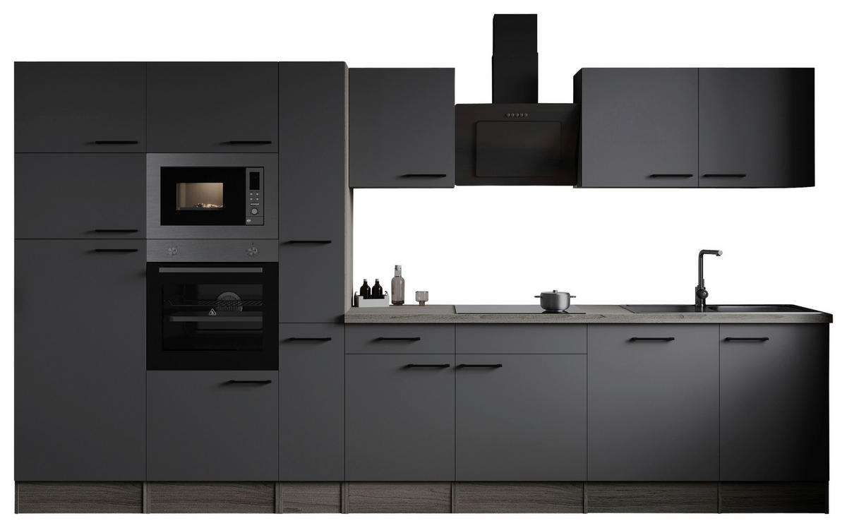 KÜCHENBLOCK 370 cm   in Grau, Eichefarben  - Eichefarben/Schwarz, Design, Holzwerkstoff/Metall (370cm) - Respekta