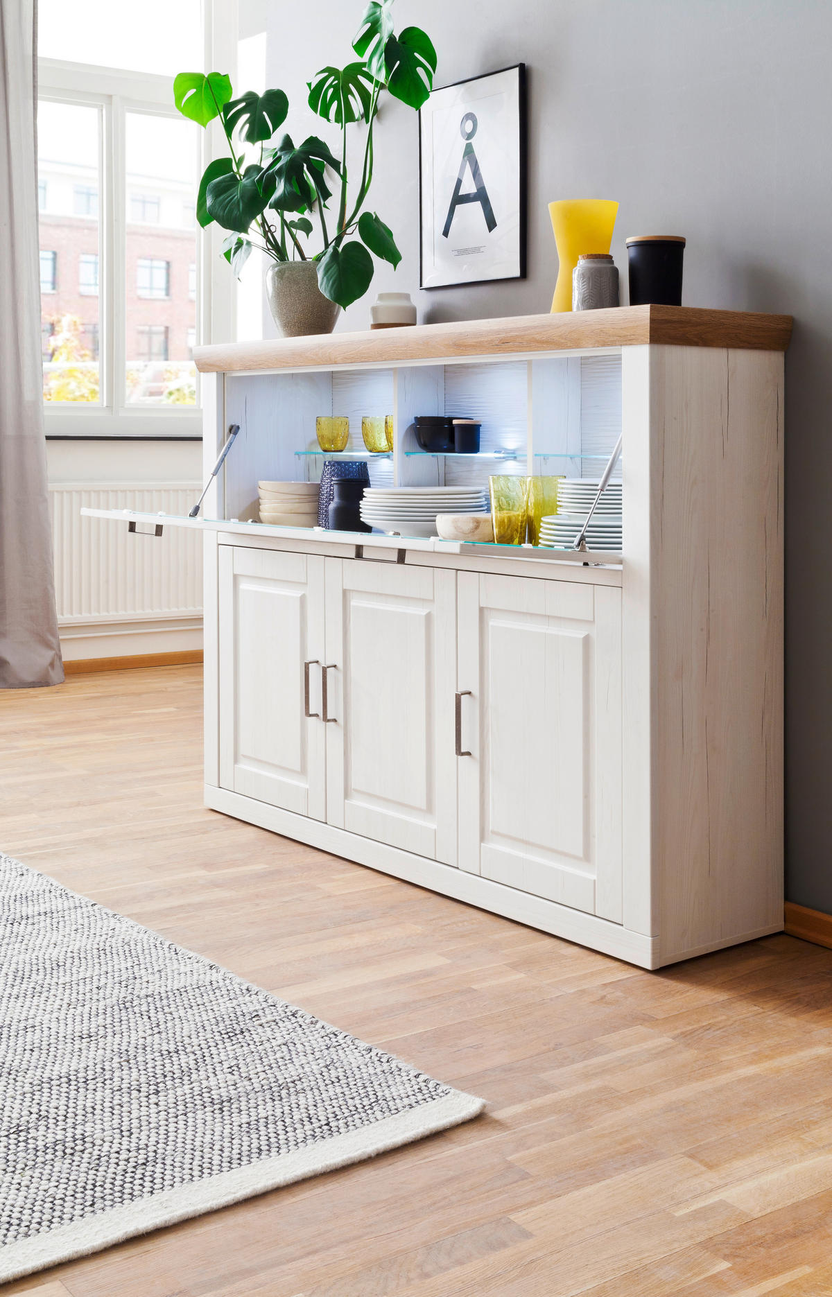 HIGHBOARD Brixen, 163/123/40 cm,  - Eichefarben/Schwarz, Design, Glas/Holzwerkstoff (163/123/40cm) - Livetastic