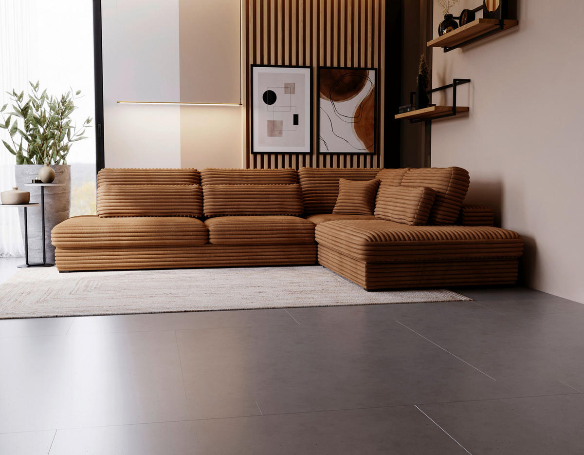 ECKSOFA Cord, Plüsch Rostfarben  - Rostfarben/Schwarz, Design, Kunststoff/Textil (332/244cm) - Livetastic