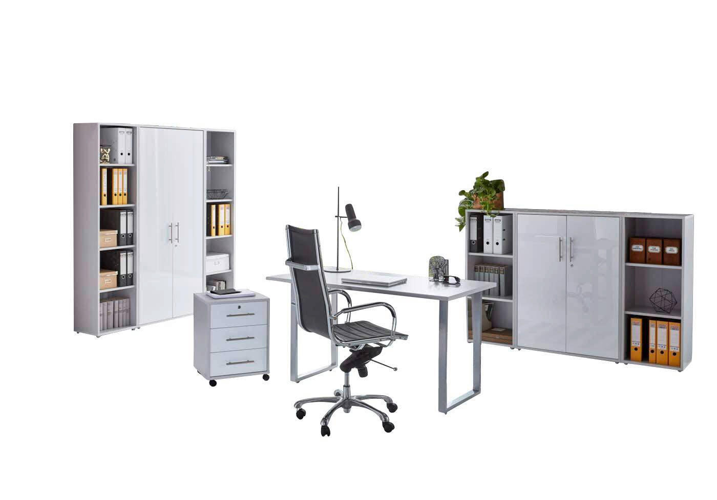 BÜRO erweiterbar, abschließbar Grau, Weiß Hochglanz - Weiß Hochglanz/Grau, MODERN, Holzwerkstoff/Metall - MID.YOU
