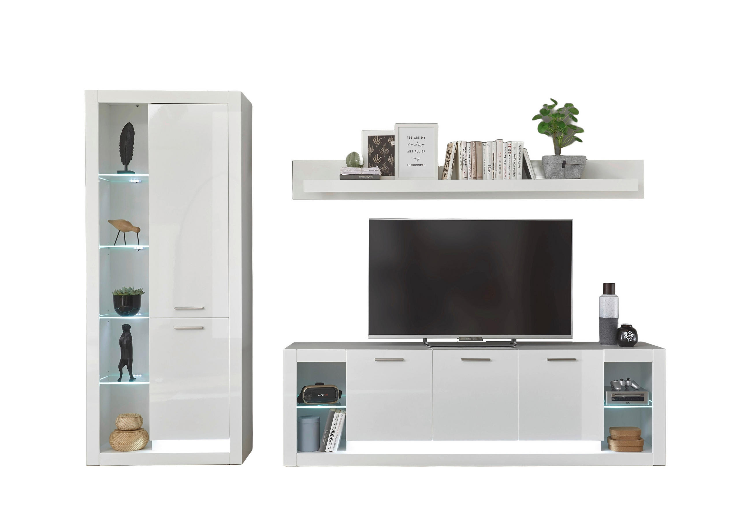 WOHNWAND 3-teilig  in Weiß, Weiß Hochglanz  298/195/43 cm  - Edelstahlfarben/Weiß Hochglanz, Design, Glas/Holzwerkstoff (298/195/43cm) - MID.YOU