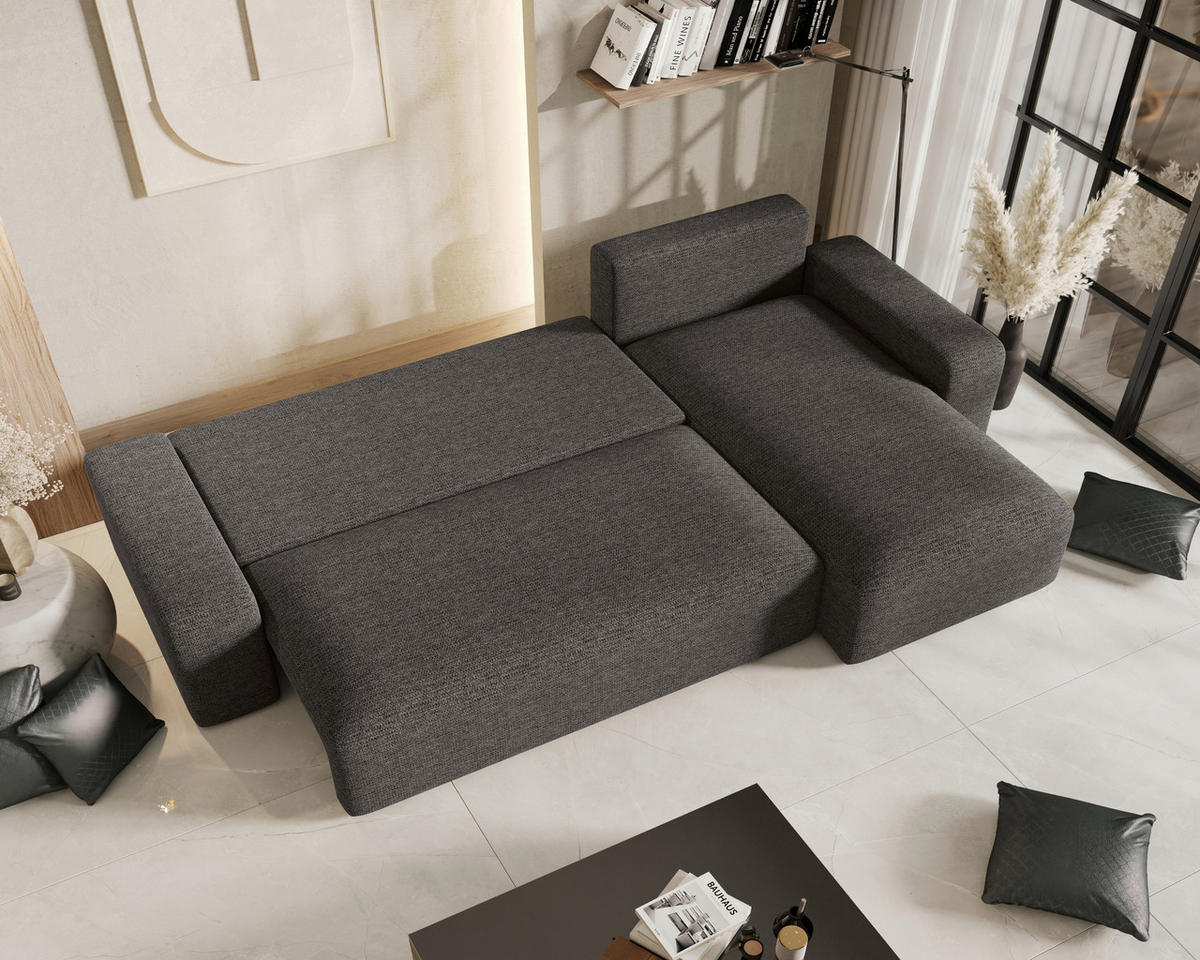 ECKSOFA Anthrazit Bouclé Zierkissen, Rückenkissen, Bettkasten, Schlaffunktion, Rücken echt, Stauraum  - Anthrazit/Schwarz, MODERN, Kunststoff/Textil (248/143cm) - Xora