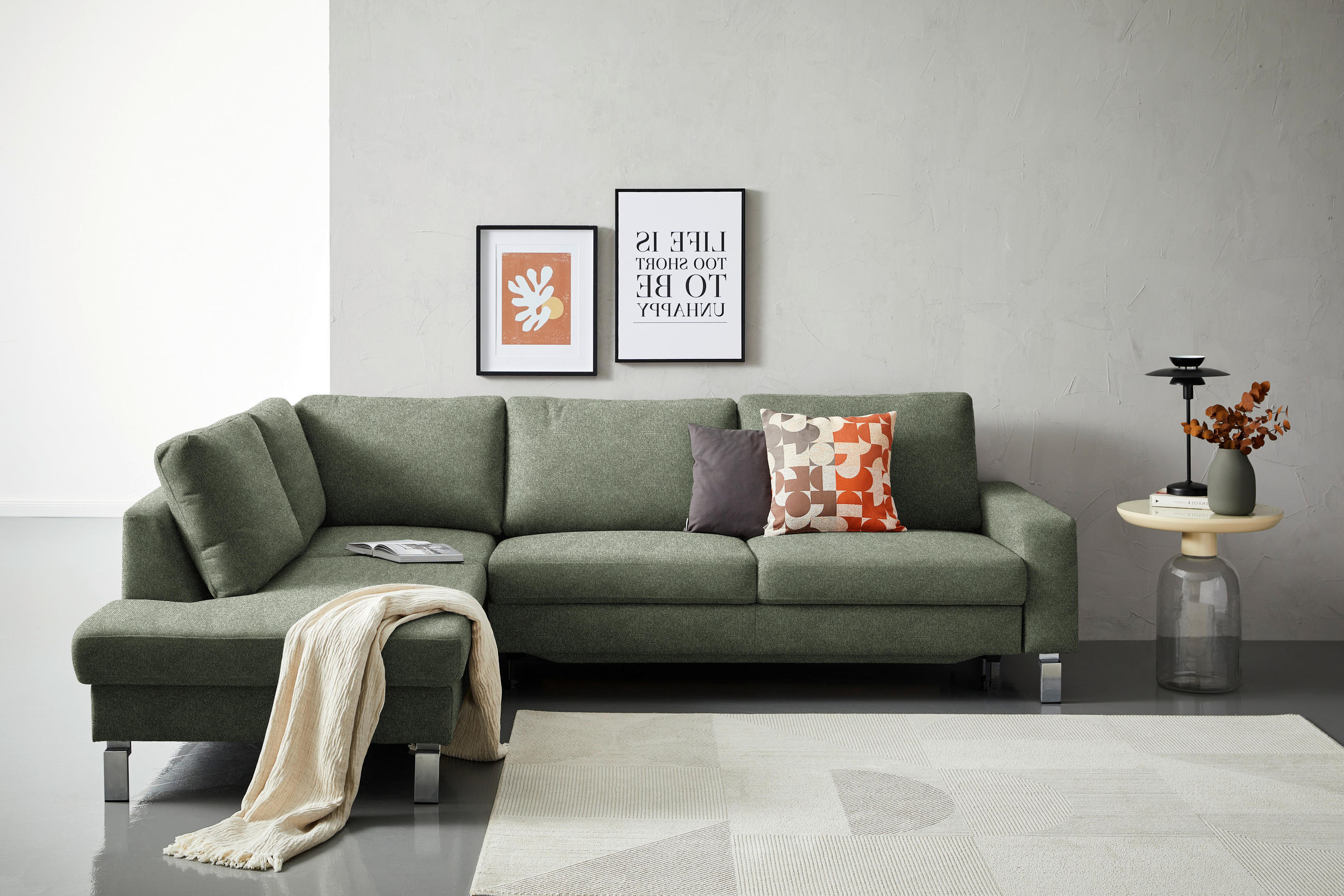 ECKSOFA in Flachgewebe Olivgrün  - Chromfarben/Olivgrün, Design, Textil/Metall (200/276cm) - Hom`in