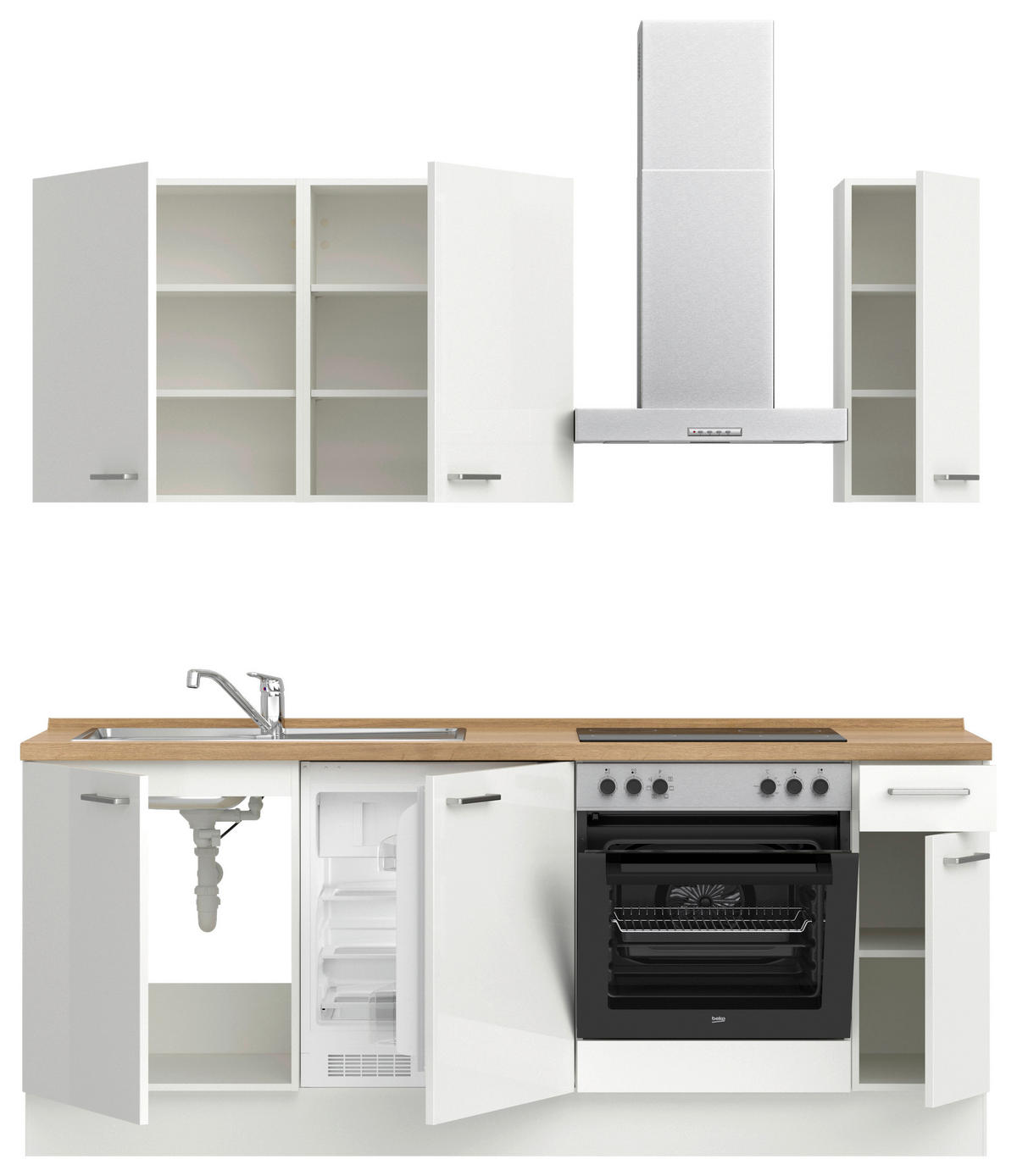 KÜCHENLEERBLOCK 210 cm   in Eichefarben, Weiß Hochglanz  - Edelstahlfarben/Eichefarben, MODERN, Holzwerkstoff/Metall (210cm) - Nobilia