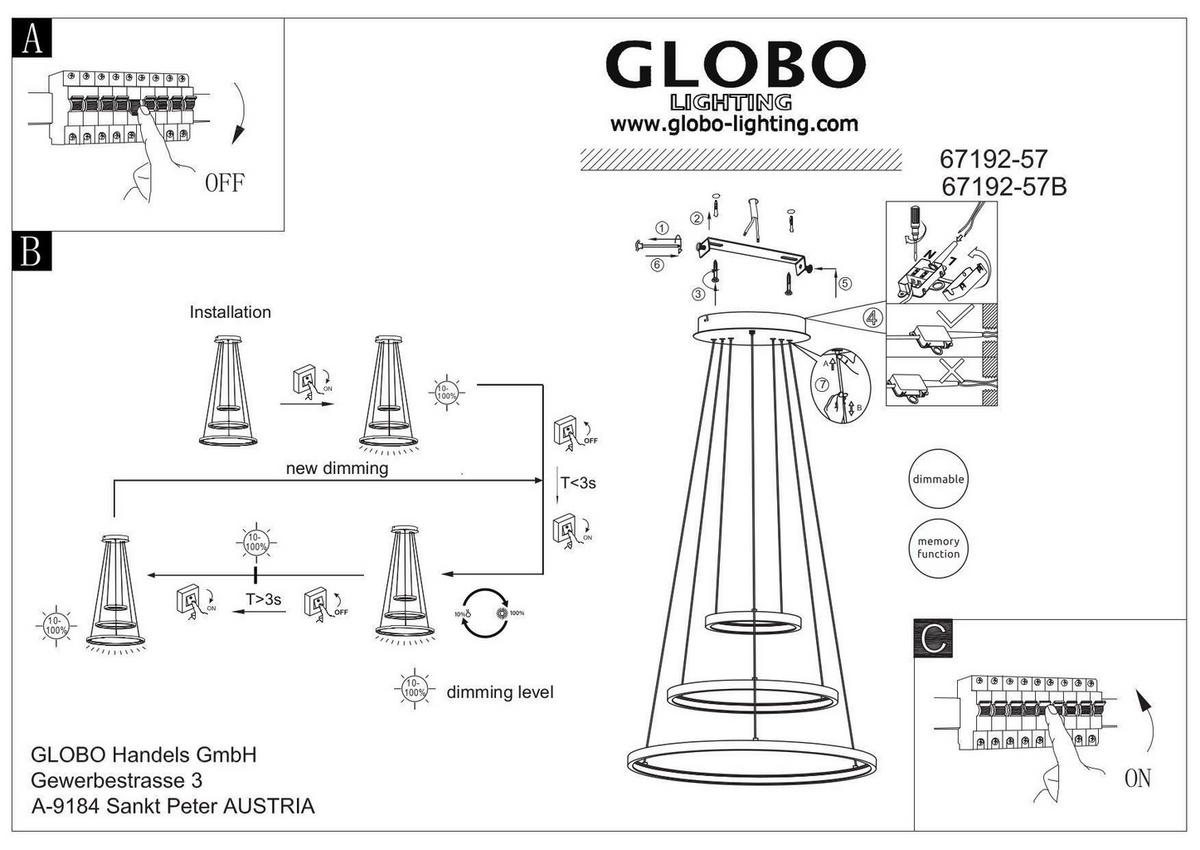HÄNGELEUCHTE 51/120 cm    - Opal/Schwarz, Basics, Kunststoff/Metall (51/120cm) - Globo