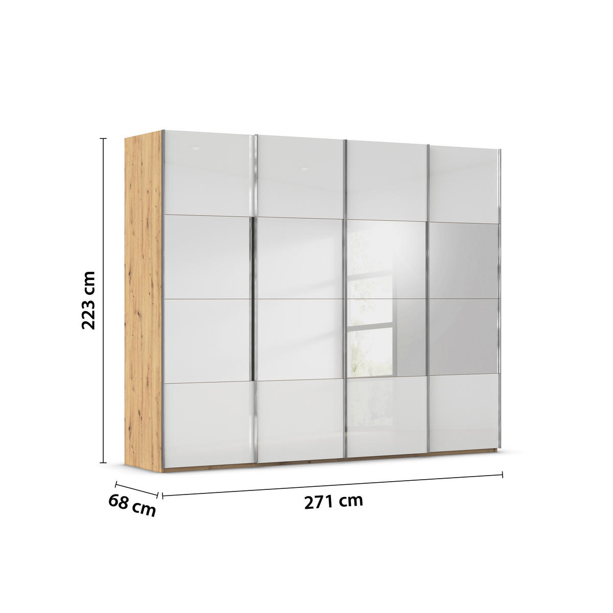 SCHWEBETÜRENSCHRANK 271/223/68 cm 4-türig Weiß, Eiche Artisan  - Chromfarben/Weiß, Design, Glas/Holzwerkstoff (271/223/68cm) - Novel