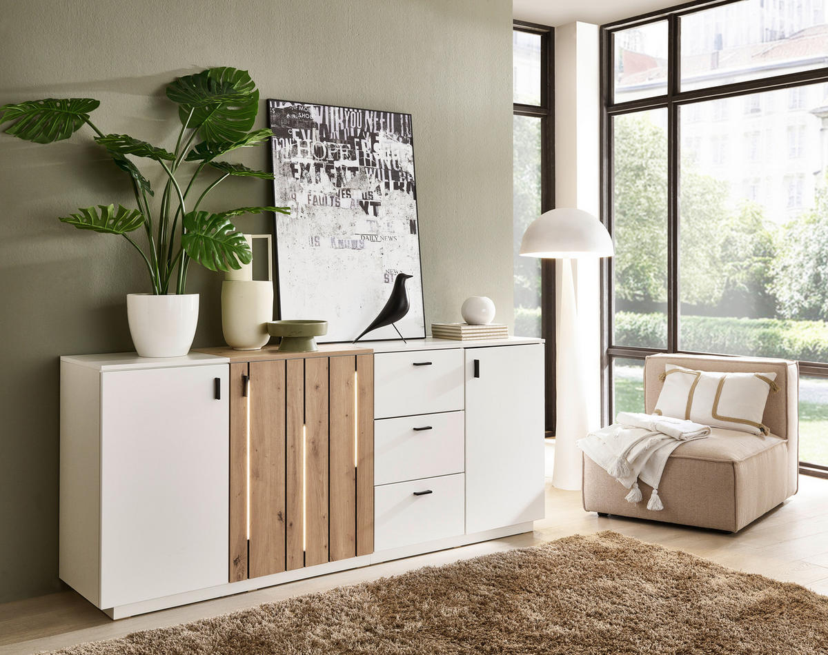 SIDEBOARD Weiss, Eiche Artisan  195/84/44 cm  - Weiss/Schwarz, Design, Holzwerkstoff/Kunststoff (195/84/44cm) - Stylife