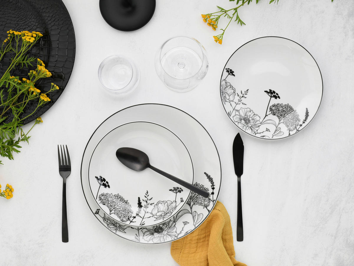 TAFELSERVICE Schwarz, Grauweiß 18-teilig Luna Black flower  - Grauweiß/Schwarz, Basics, Keramik - Creatable