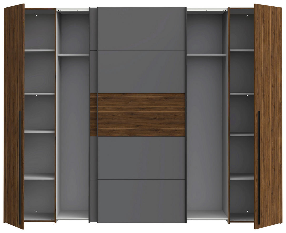 KLEIDERSCHRANK 270/210/61 cm 4-türig Grau, Walnussfarben  - Walnussfarben/Schwarz, MODERN, Holzwerkstoff/Kunststoff (270/210/61cm) - MID.YOU