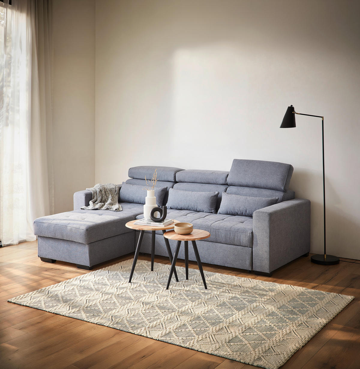 ECKSOFA  in Webstoff Blaugrau Nierenkissen, Schlaffunktion, Rücken echt, Kopfteilverstellung, Stauraum, Bettkasten  179/240 cm  - Blaugrau/Schwarz, Design, Kunststoff/Textil (179/240cm) - Carryhome