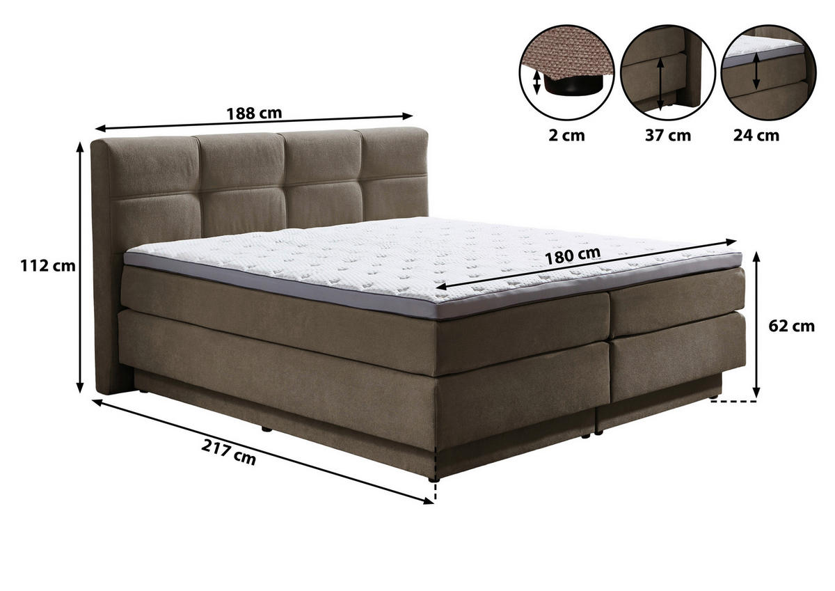 BOXSPRINGBETT 180/200 cm  Taupe  - Taupe/Schwarz, Konventionell, Kunststoff/Textil (180/200cm) - Carryhome