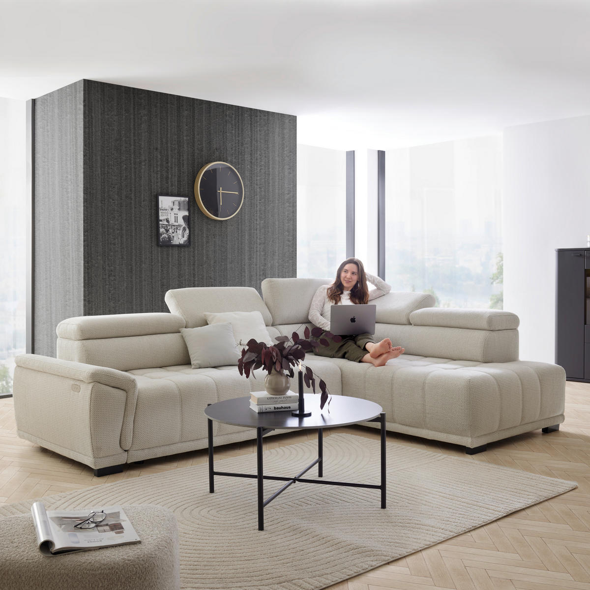 HÖRNSOFFA i chenille, vävt tyg gråvit  - gråvit/svart, Modern, textil/plast (283/106cm) - MID.YOU