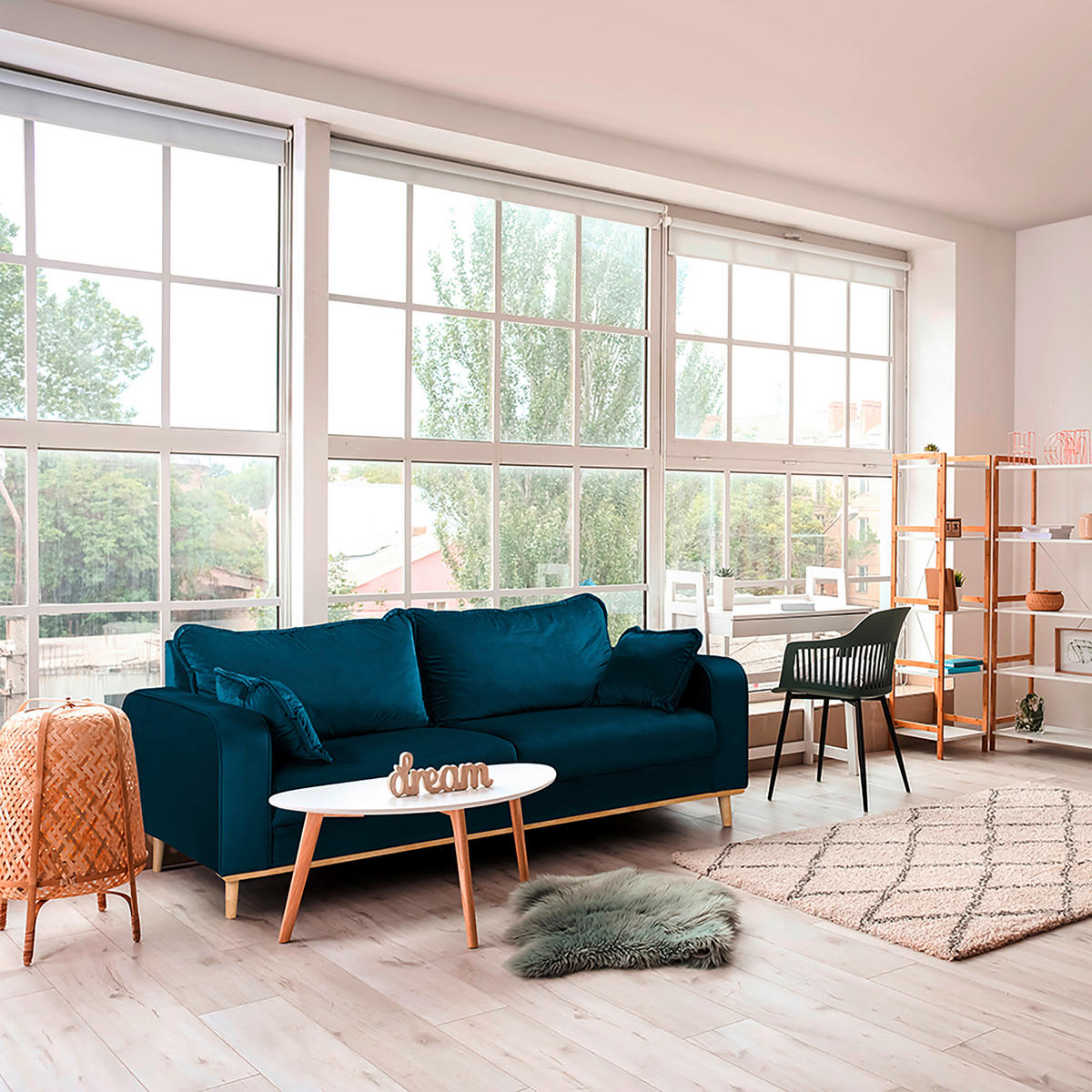 3-SITZER-SOFA Mikrofaser Blau  - Wengefarben/Blau, Design, Holz/Textil (193/86/87cm) - Livetastic