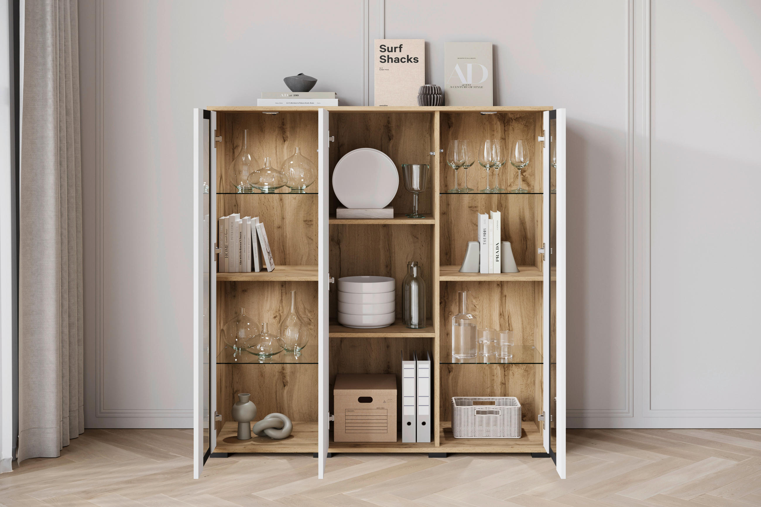 Thumbnail - Livetastic Highboard Caro, Eiche Wotan, Weiß Hochglanz, Glas, Holzwerkstoff, 8 Fächer, 120x121.9x39.5 cm, Fsc, stehend, ...