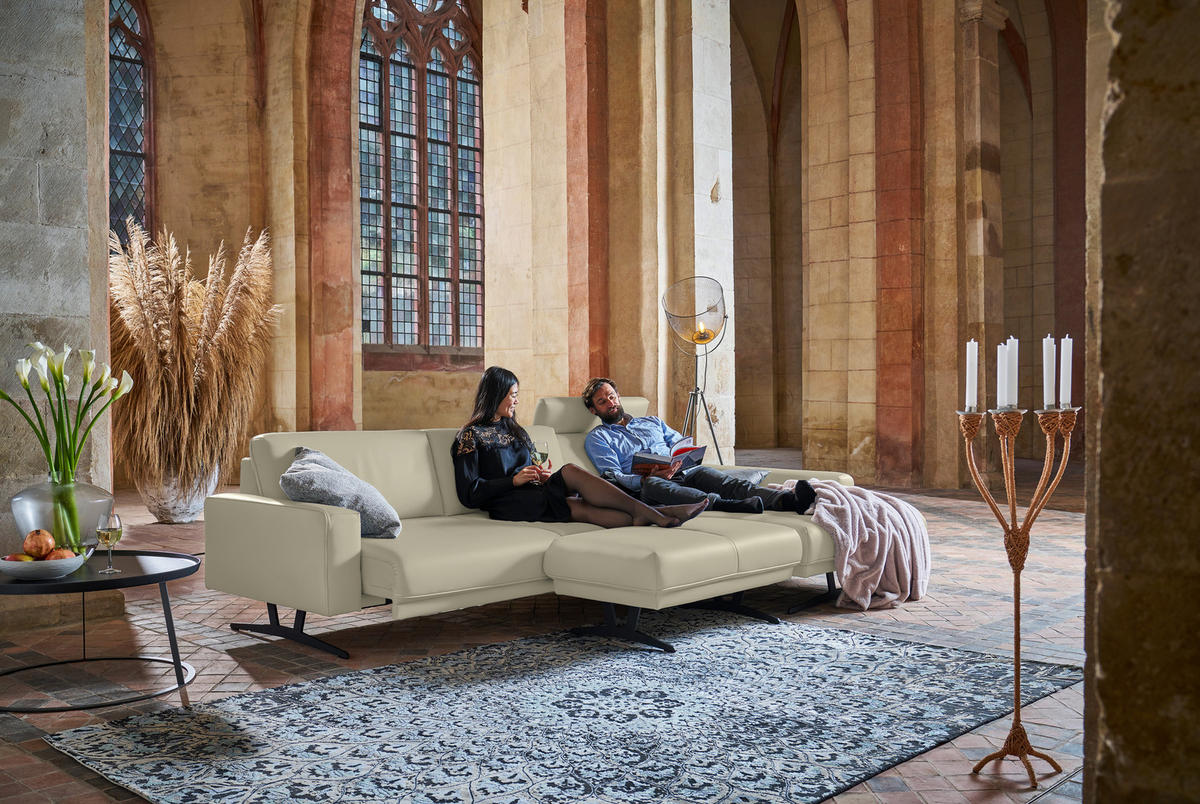 ECKSOFA in Echtleder Ecru  - Ecru/Anthrazit, Konventionell, Leder/Metall (324/179cm) - Johann Jakob