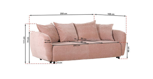 SCHLAFSOFA mit Liegefunktion, Schlafen auf Sitzhöhe, Rücken echt Flachgewebe Altrosa - Schwarz/Altrosa, KONVENTIONELL, Kunststoff/Textil (250/74/108cm) - Carryhome