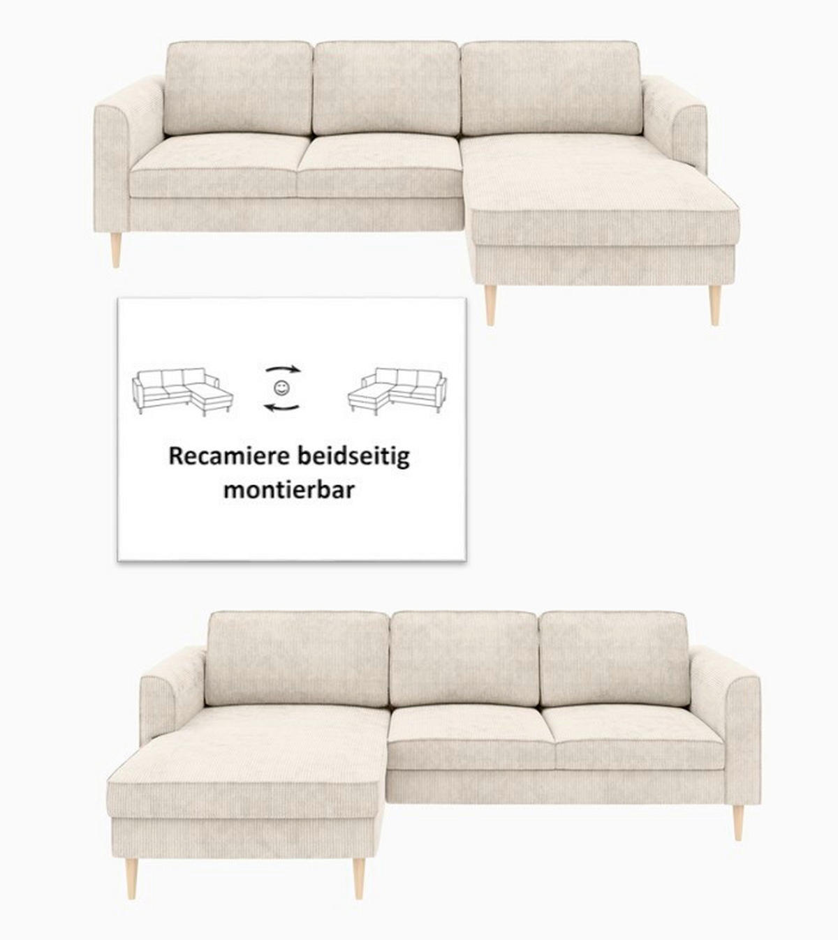 ECKSOFA Creme Cord  - Buchefarben/Creme, MODERN, Holz/Textil (232/161cm) - Trendmanufaktur