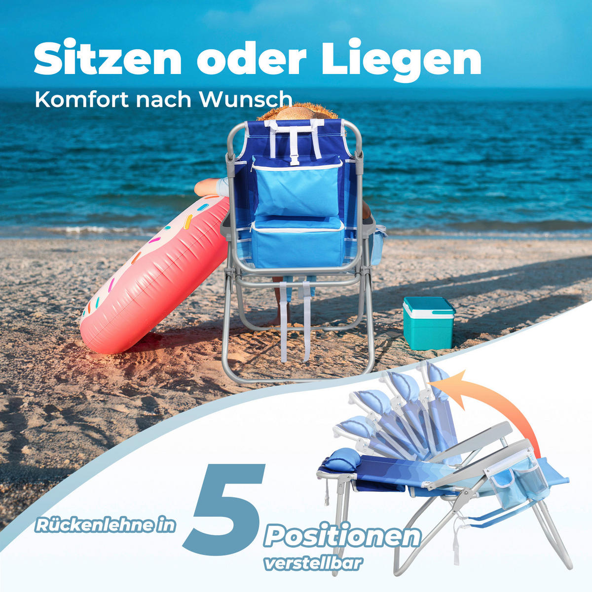 STRANDSTUHL Aluminium Blau, Hellblau  - Blau/Hellblau, Basics, Textil/Metall (57/90/76cm) - Modante