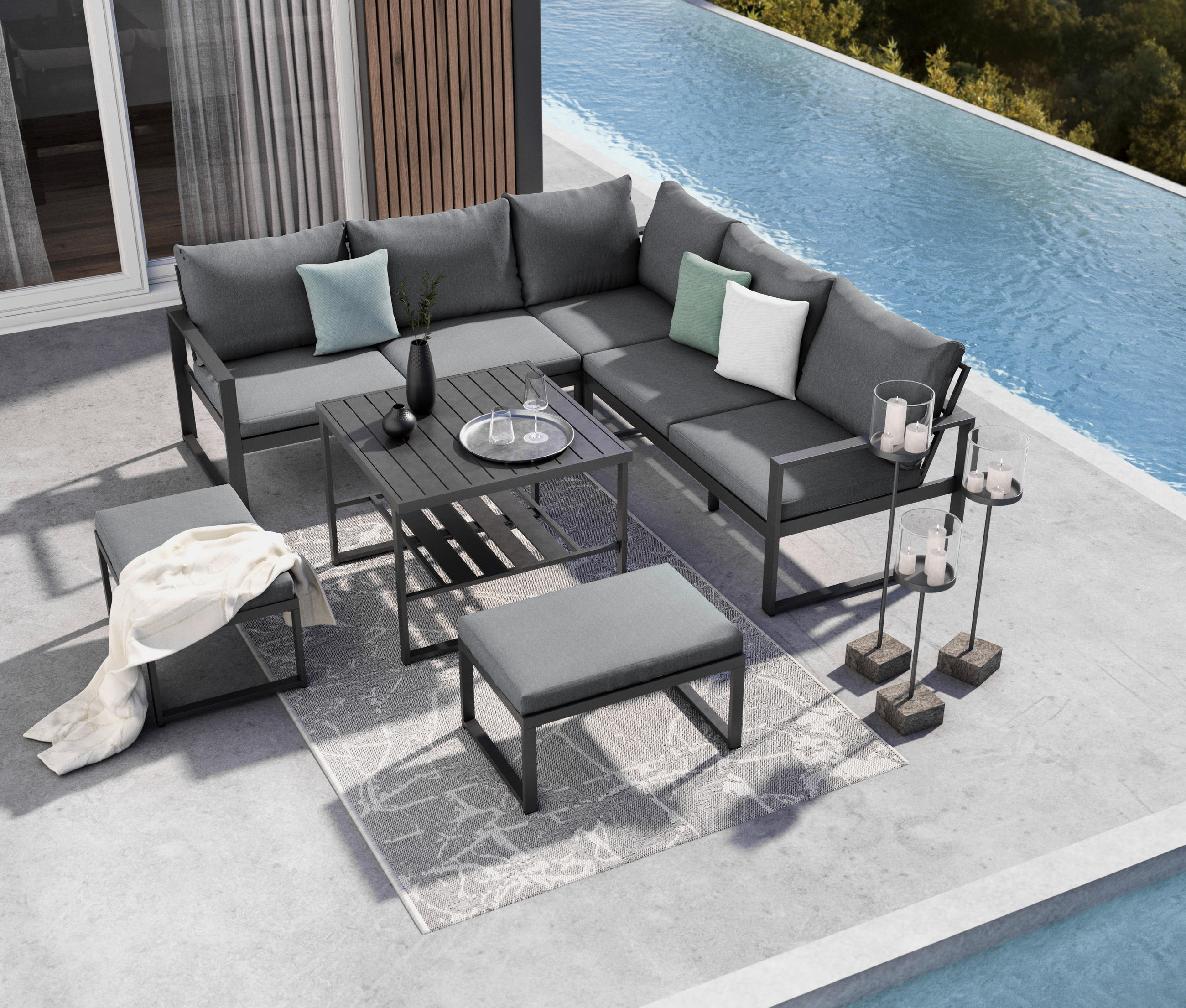 DINING-LOUNGESET 4-teilig  235/235 cm  Aluminium  - Schwarz/Grau, MODERN, Textil/Metall (235/235cm) - Ambia Garden