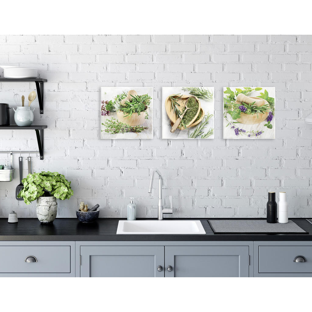 Thumbnail - Euroart Glasbild Fresh Herbs, Mehrfarbig, Glas, 3-teilig, rechteckig, 30x30 cm, Fotografie, einfache und schnelle Anbrin...