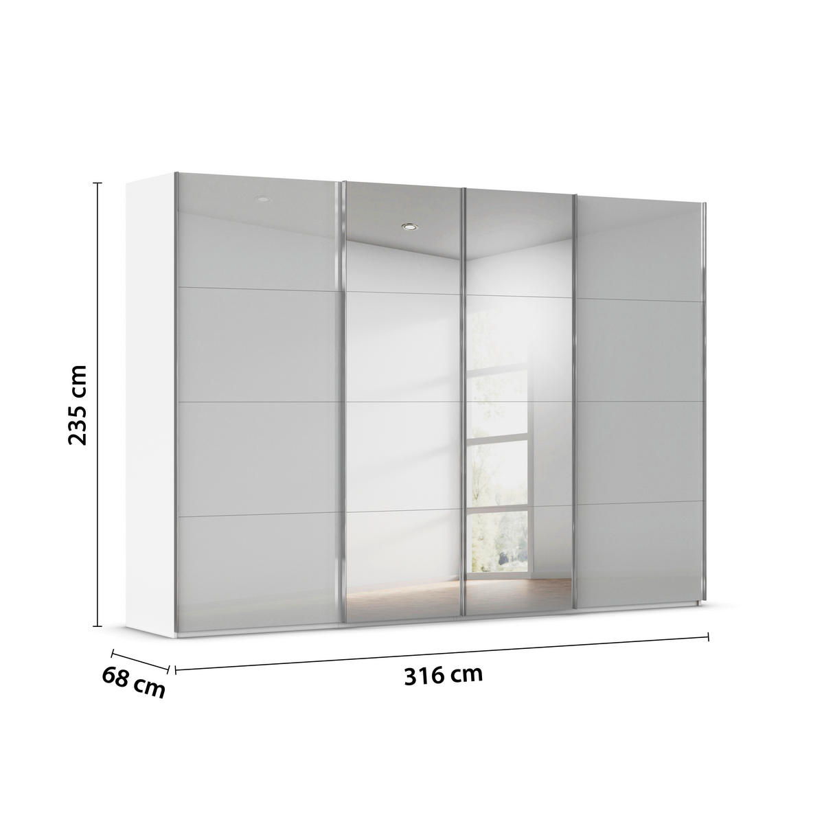 SCHWEBETÜRENSCHRANK 316/235/68 cm 4-türig Weiß, Seidengrau  - Chromfarben/Seidengrau, Design, Glas/Holzwerkstoff (316/235/68cm) - Novel