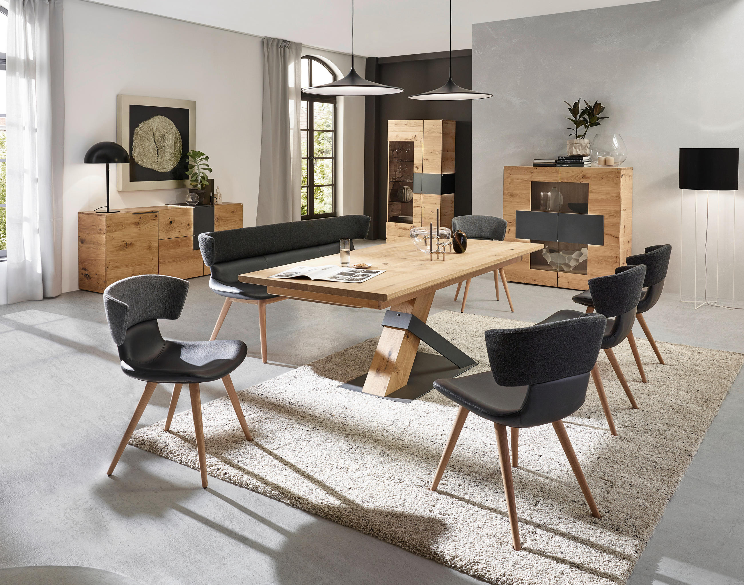 STUHL Echtleder Grau, Schwarz, Eichefarben Wildeiche massiv  - Eichefarben/Schwarz, Design, Leder/Holz (54/82,5/58cm) - Voglauer