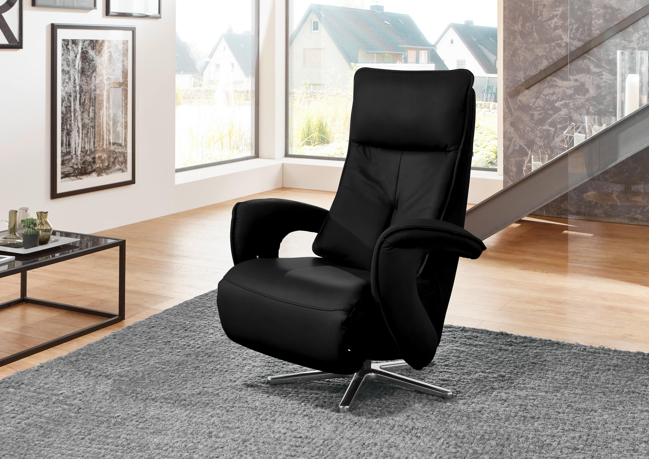 RELAXSESSEL in Leder Schwarz  - Chromfarben/Schwarz, Design, Leder/Metall (77/110/87cm) - Valdera