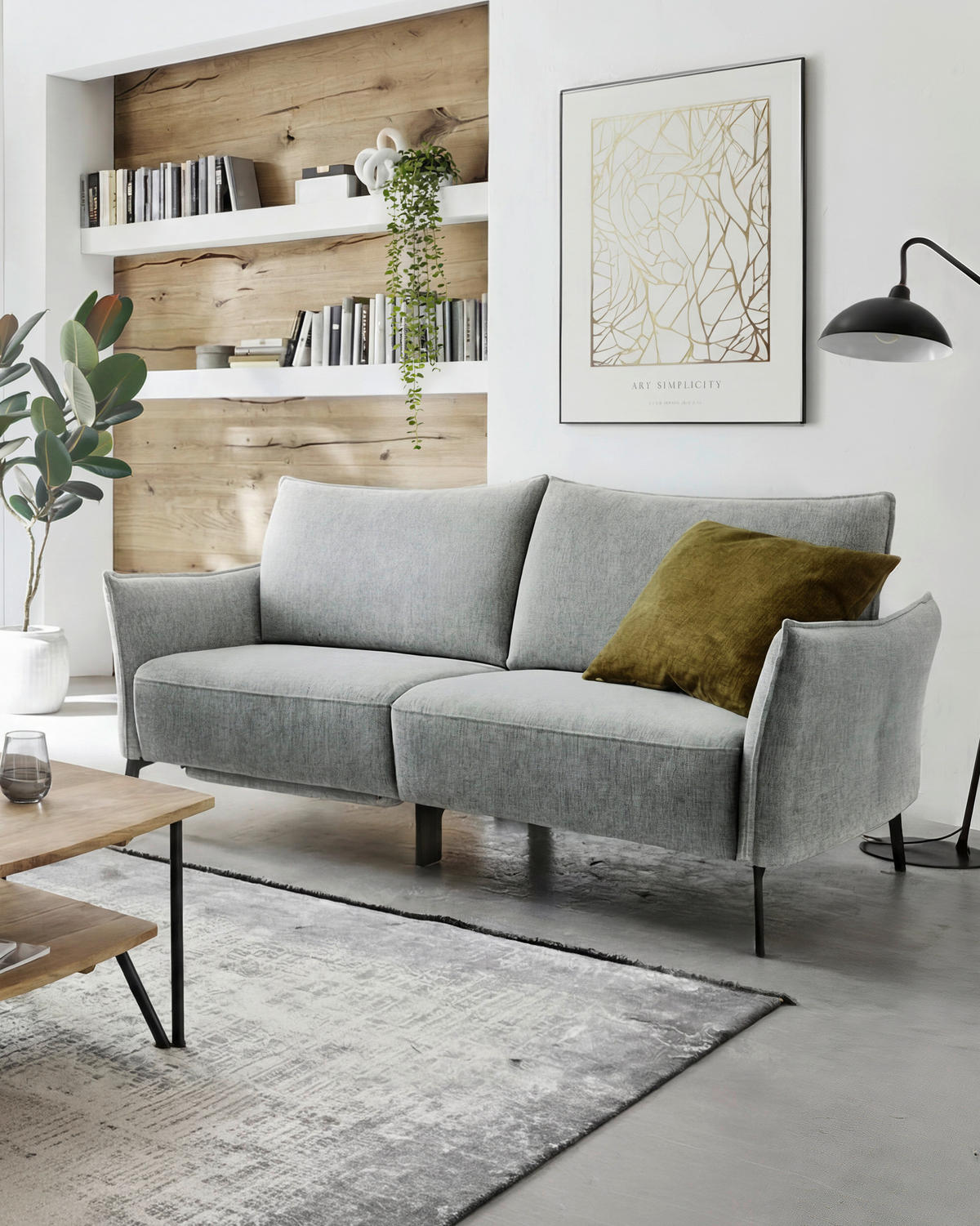 3-SITZER-SOFA Chenille Hellgrau  - Hellgrau/Schwarz, Konventionell, Textil/Metall (184/90/92cm) - Elegando