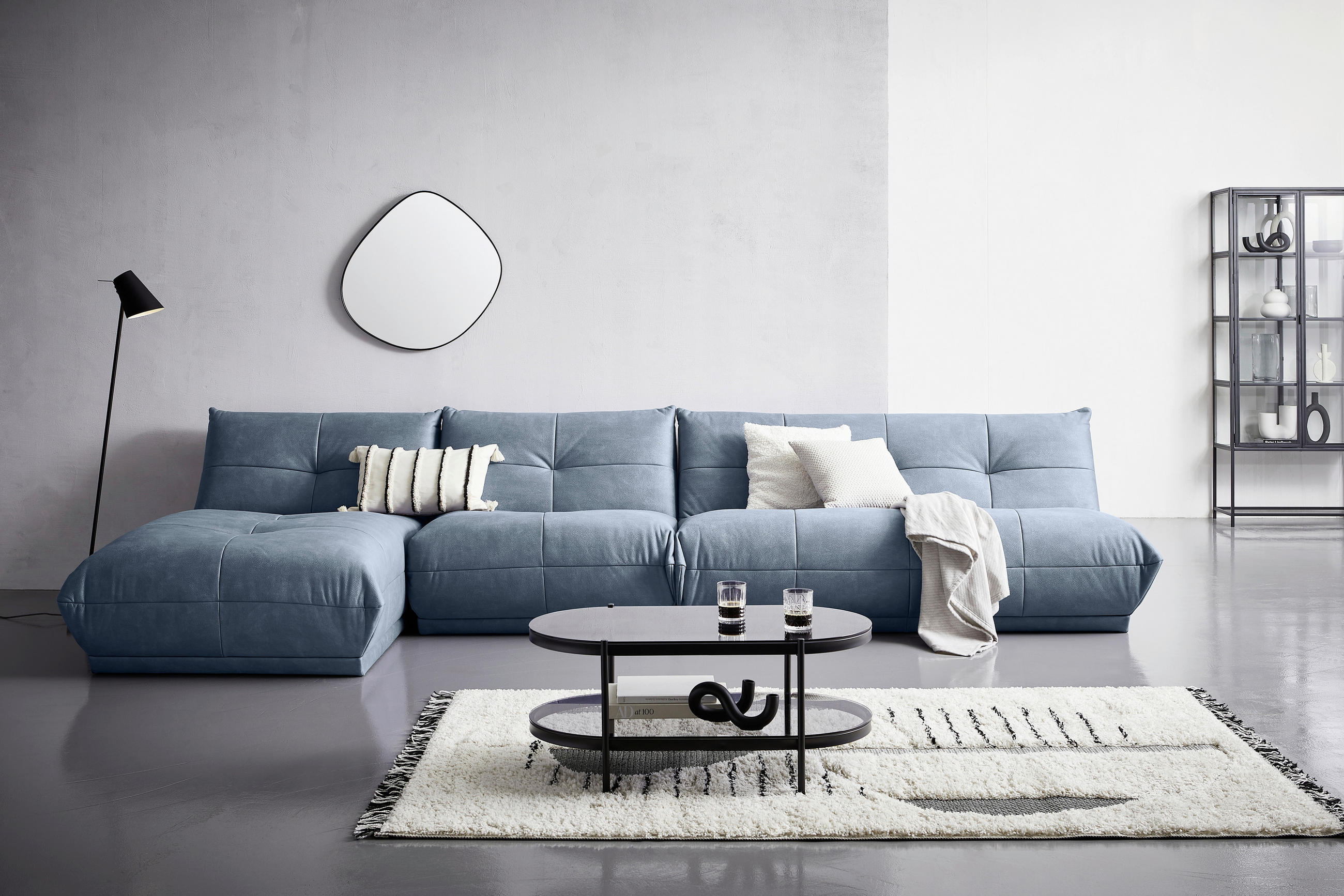 ECKSOFA in Lederlook Blaugrau  - Blaugrau, Trend, Textil (185/390cm) - Livetastic