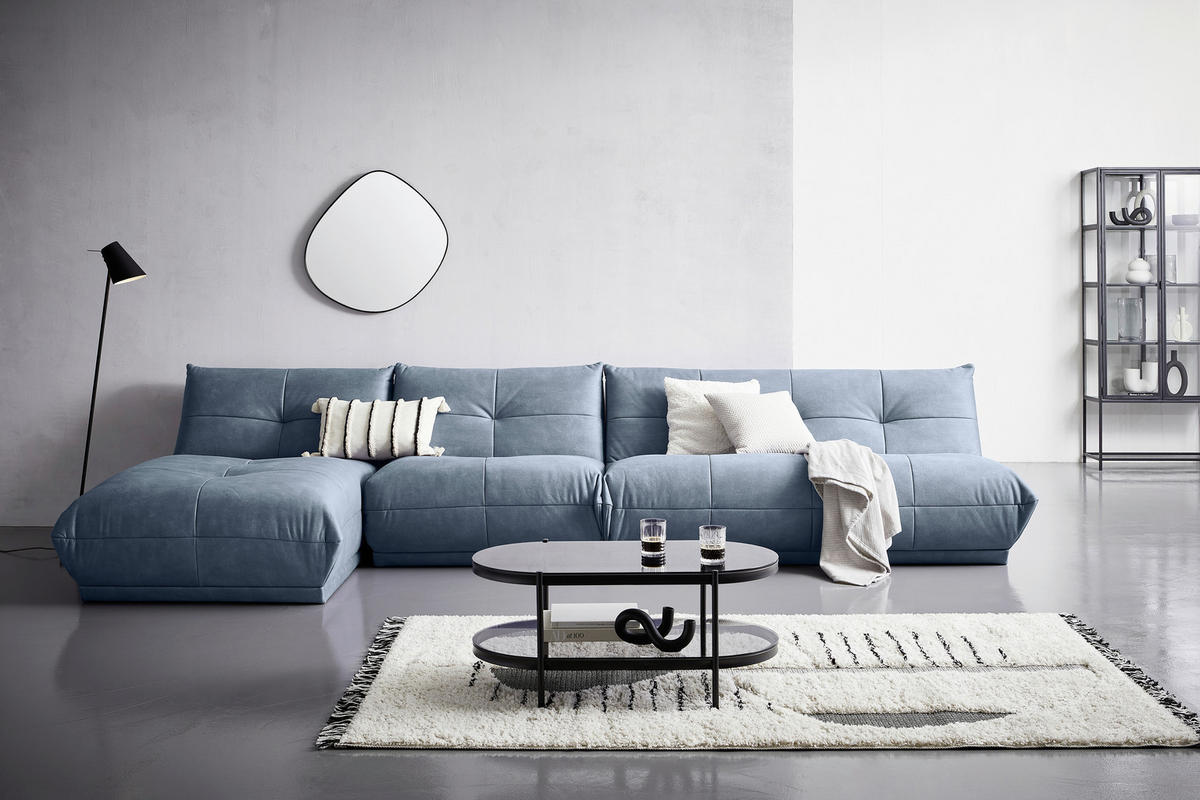 ECKSOFA Blaugrau Lederlook  - Blaugrau, Trend, Textil (185/390cm) - Livetastic