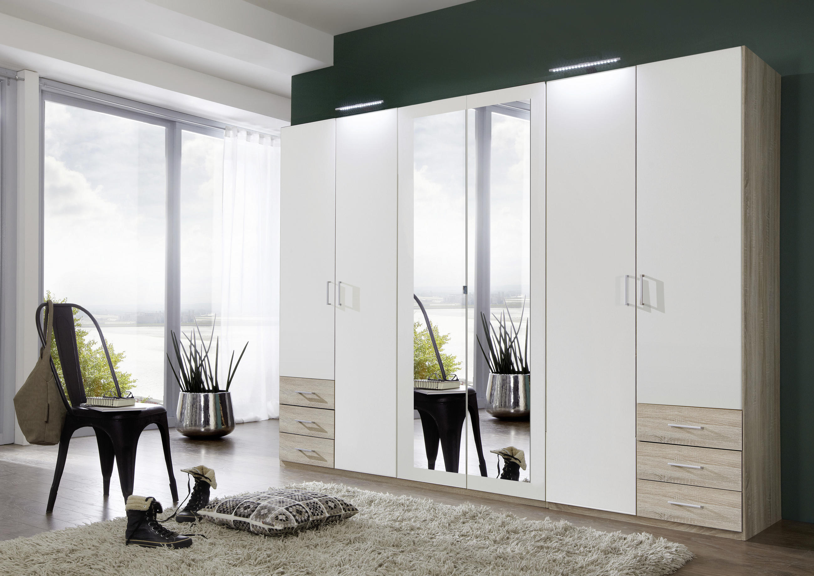 KLEIDERSCHRANK 270/208/58 cm 6-türig Weiß, Eichefarben  - Eichefarben/Alufarben, Design, Glas/Holzwerkstoff (270/208/58cm) - Boxxx