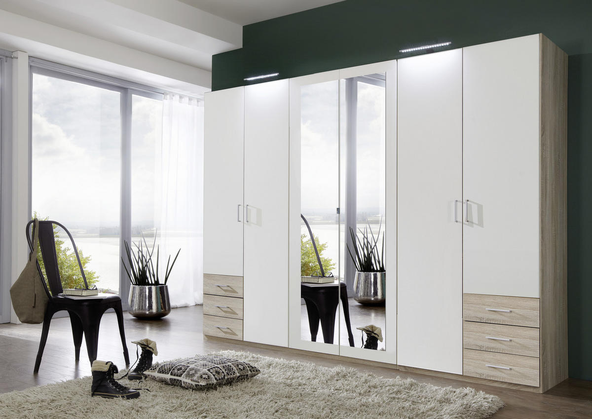 KLEIDERSCHRANK 270/208/58 cm 6-türig Weiß, Eichefarben  - Eichefarben/Alufarben, Design, Glas/Holzwerkstoff (270/208/58cm) - Boxxx