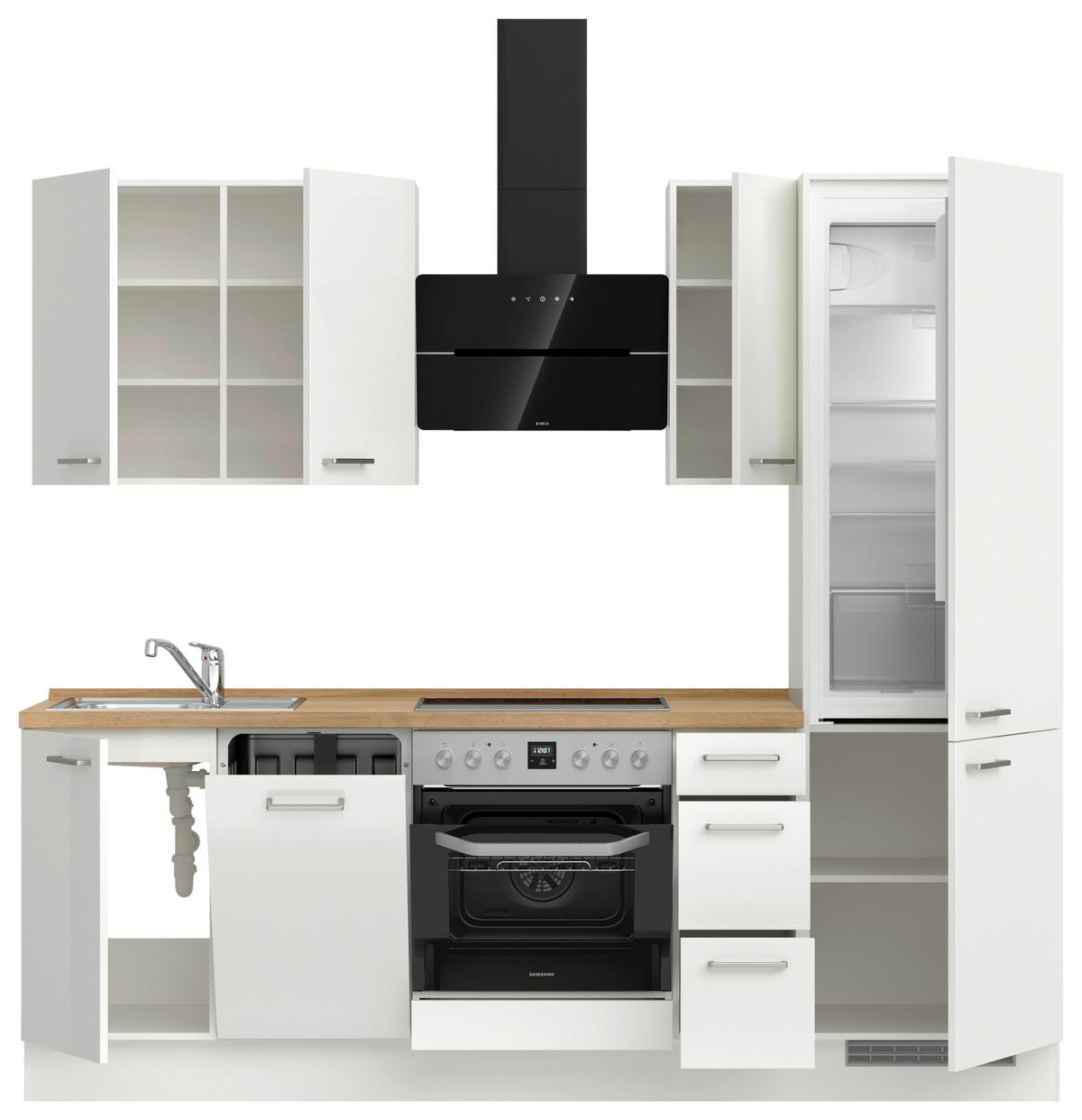 KÜCHENLEERBLOCK 240 cm   in Eichefarben, Weiß Hochglanz  - Edelstahlfarben/Eichefarben, MODERN, Holzwerkstoff/Metall (240cm) - Nobilia