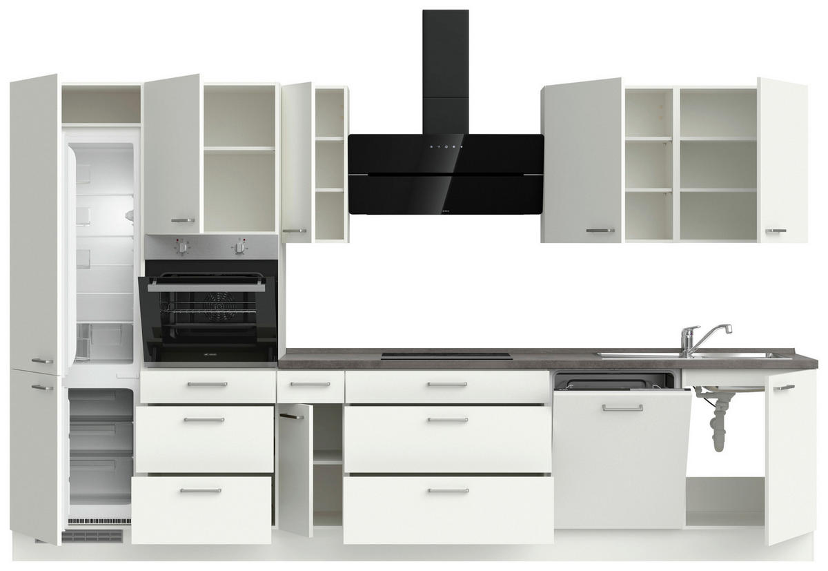BUCĂTĂRIE FĂRĂ ELECTROCASNICE  - alb/culoare inox, Modern, metal/material pe bază de lemn (360cm) - Nobilia