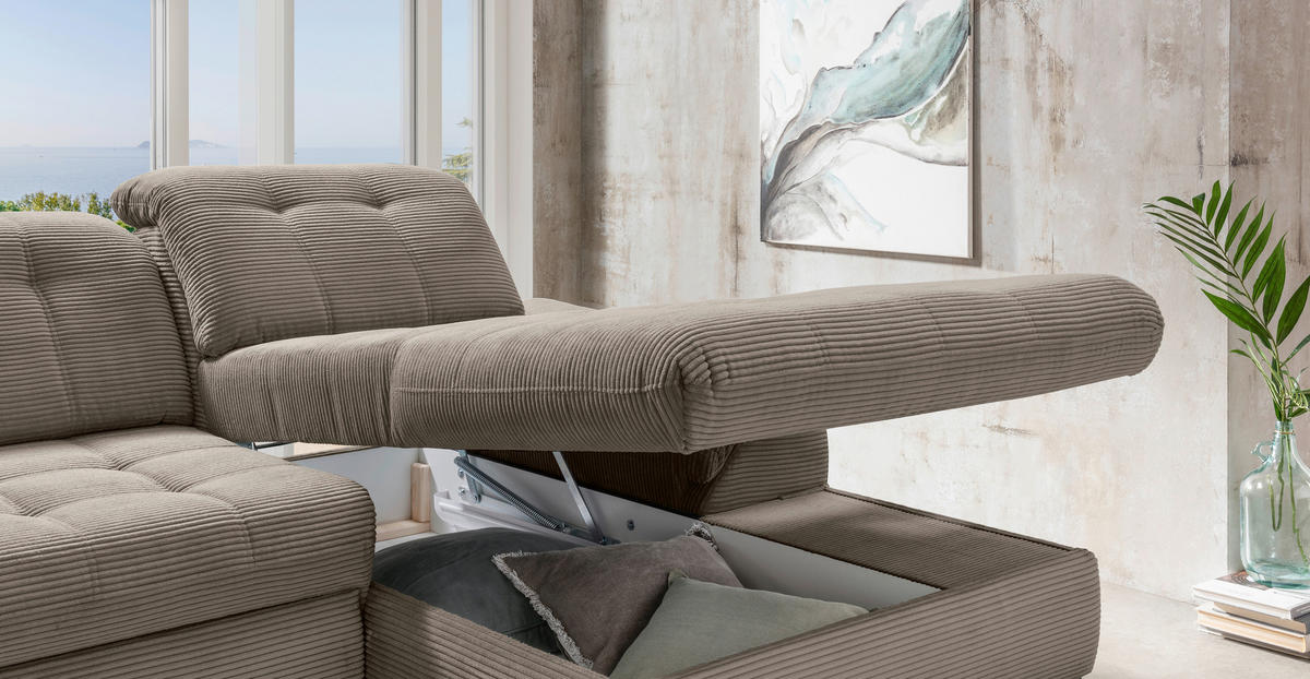 ECKSCHLAFSOFA in Cord Graubraun  - Graubraun/Schwarz, Modern, Textil/Metall (273/189cm) - Livetastic