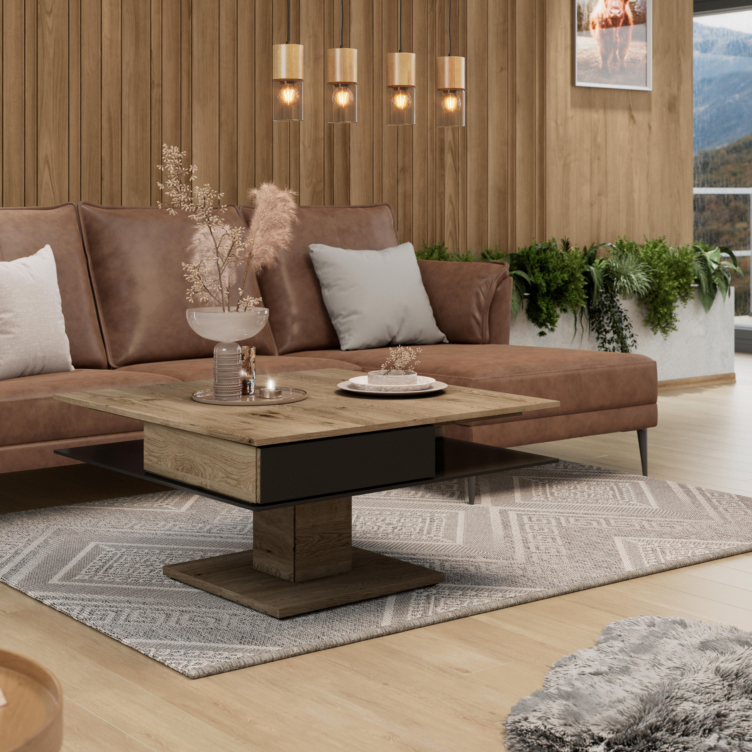 COUCHTISCH Altholz, Eiche mehrschichtige Massivholzplatte (Tischlerplatte) Farbglas 90/90/46 cm quadratisch Anthrazit, Eichefarben  - Eichefarben/Anthrazit, Design, Glas/Holz (90/90/46cm) - Voglauer