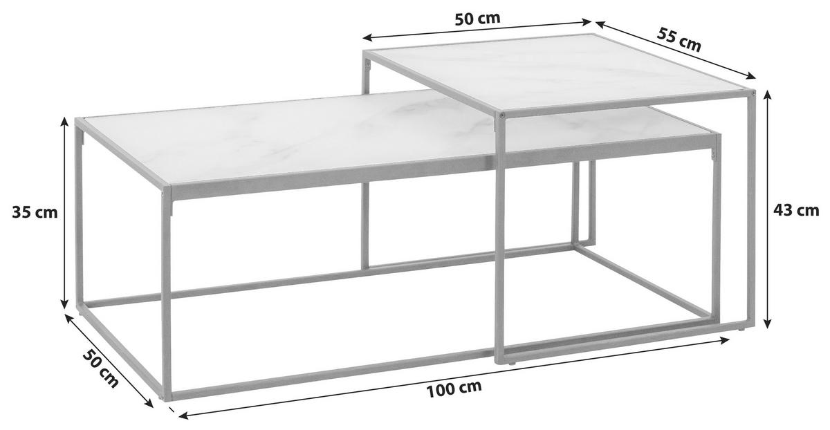COUCHTISCHSET Kristallglas 50-100/50-55/35-43 cm rechteckig Schwarz, Weiß  - Schwarz/Weiß, Design, Glas/Metall (50-100/50-55/35-43cm) - Carryhome