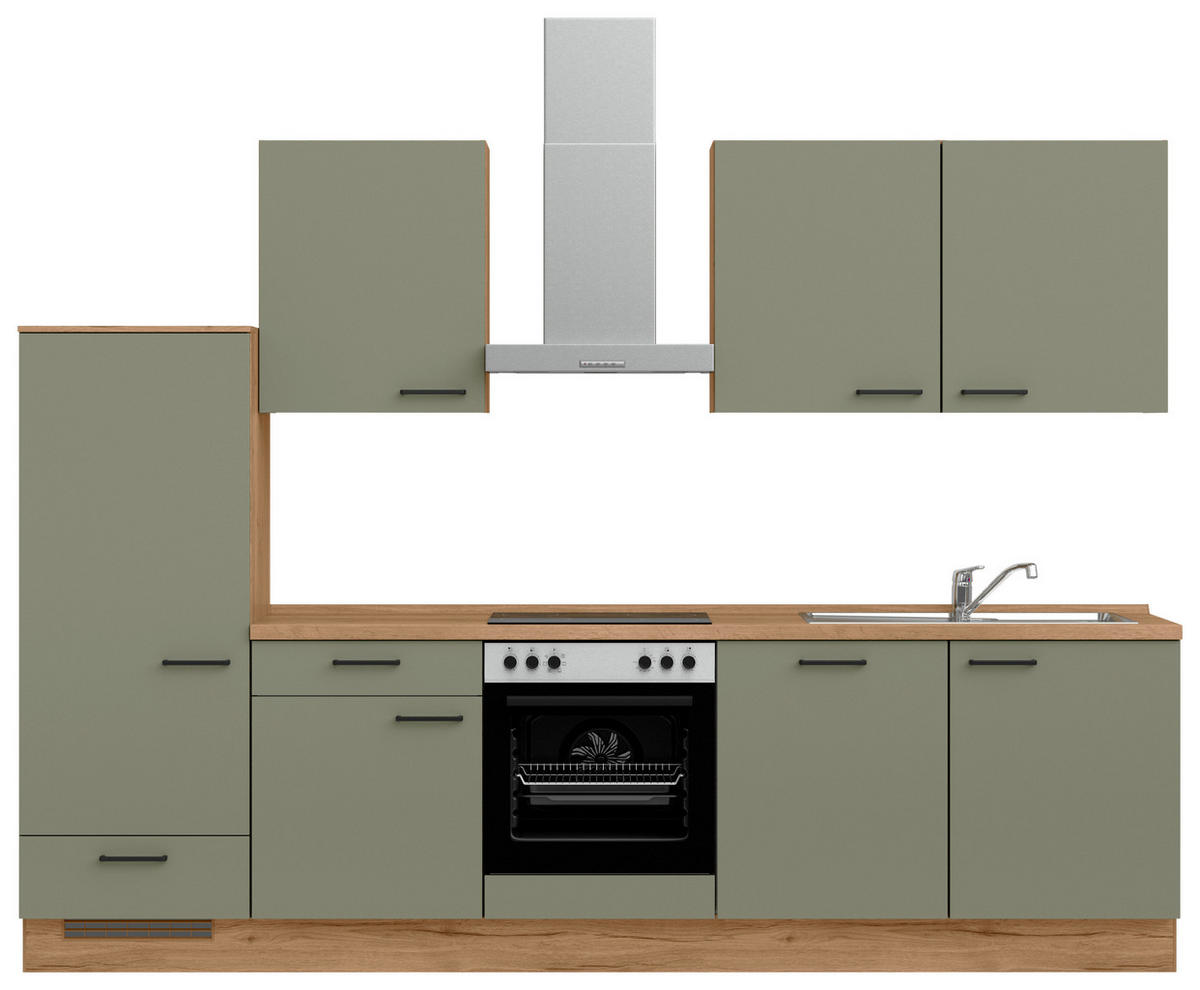 KÜCHENBLOCK Senso 300 cm  in Eichefarben, Olivgrün  - Eichefarben/Schwarz, MODERN, Holzwerkstoff/Metall (300cm) - Nobilia