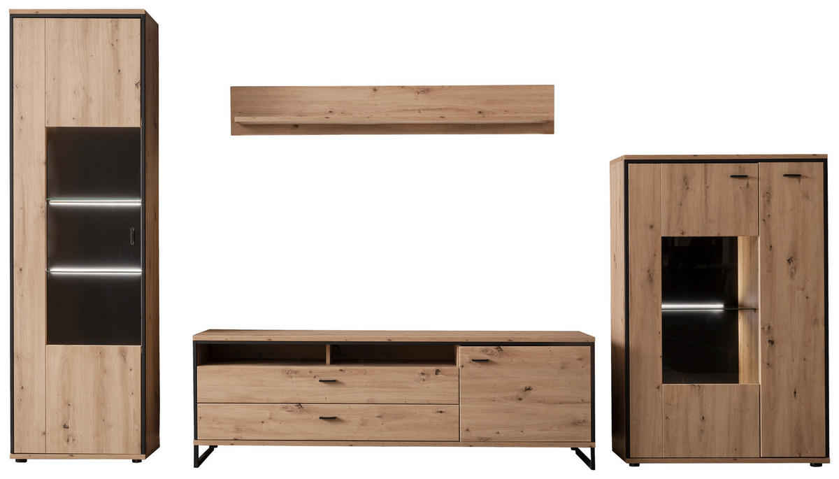 WOHNWAND  in Anthrazit, Eichefarben  359/210/50 cm  - Eichefarben/Anthrazit, Design, Glas/Holzwerkstoff (359/210/50cm) - MID.YOU