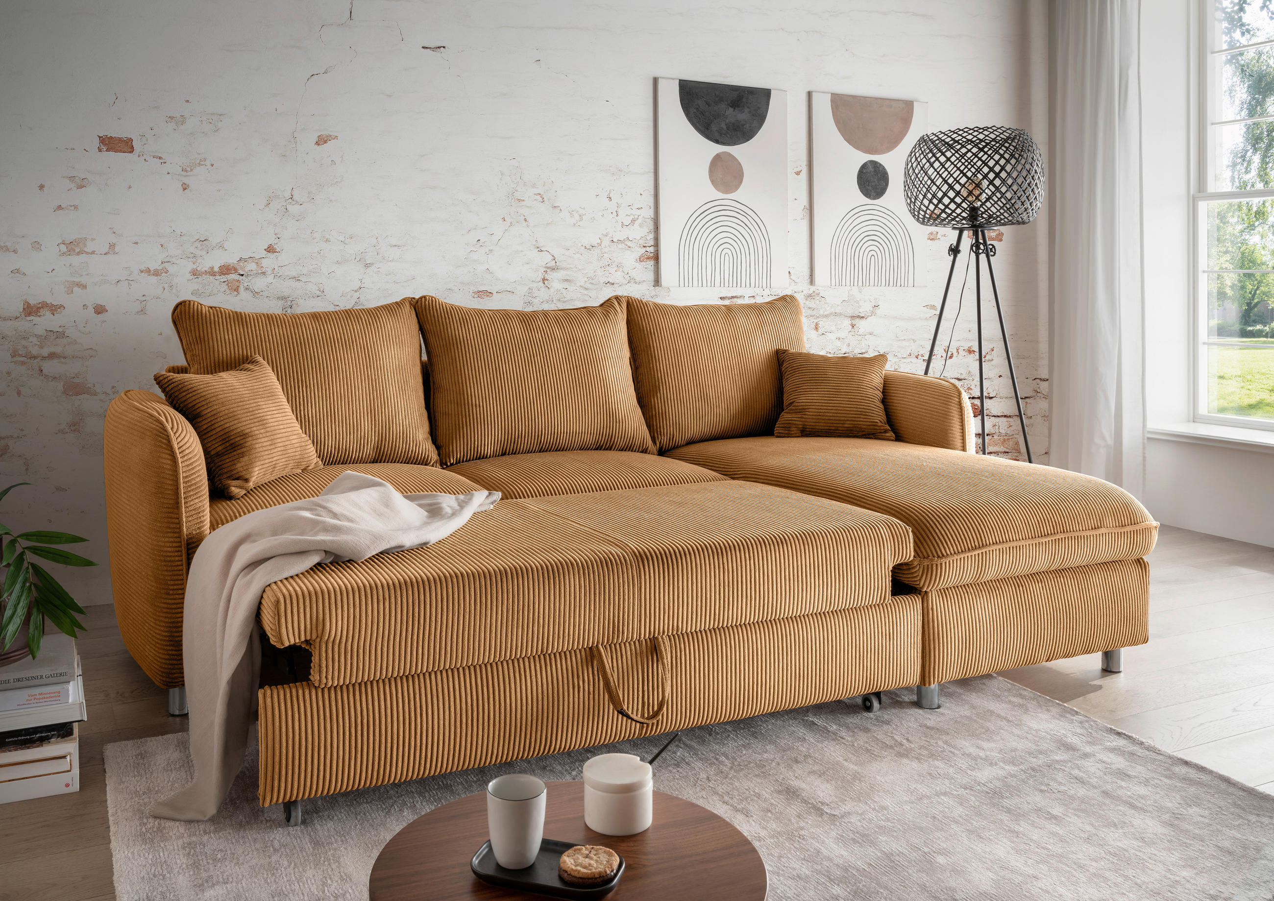 ECKSCHLAFSOFA in Cord Goldfarben  - Chromfarben/Goldfarben, Modern, Textil/Metall (254/160cm) - Livetastic