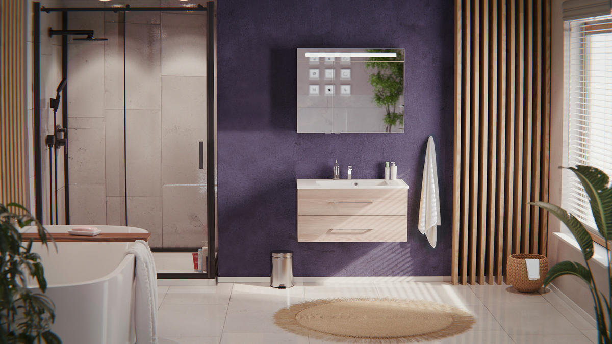 BADEZIMMER 3-teilig  in 90 cm  - Chromfarben/Eschefarben, MODERN, Glas/Holzwerkstoff (90cm) - MID.YOU