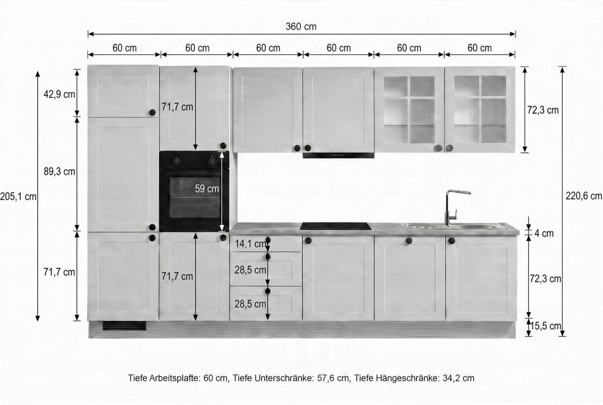 KÜCHENBLOCK IP4250 360 cm  in Braun, Weiß  - Schwarz/Weiß, Basics, Holzwerkstoff/Metall (360cm) - Impuls