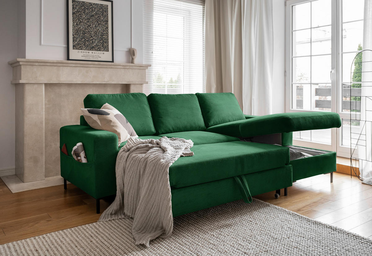 ECKSOFA in Cord Smaragdgrün  236/148 cm  - Smaragdgrün/Schwarz, Design, Textil/Metall (236/148cm) - MID.YOU