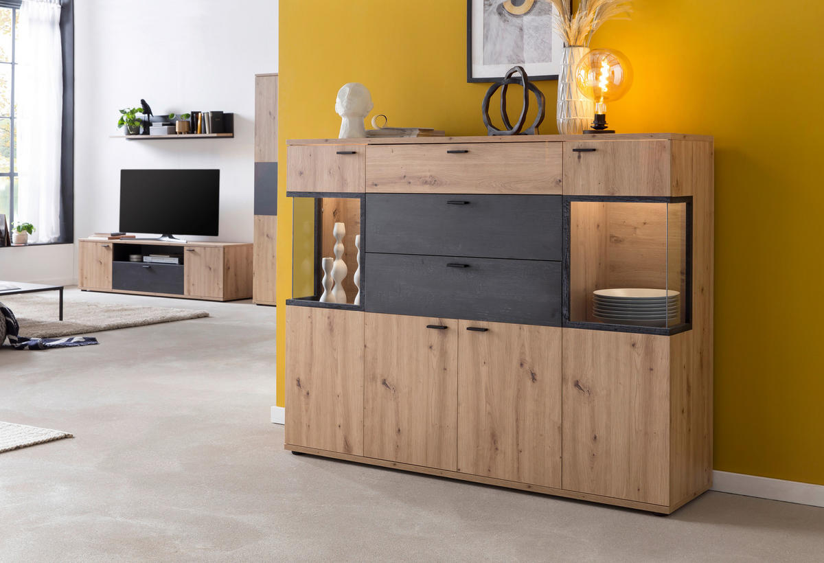 HIGHBOARD  in 155/125/40 cm  - Schwarz/Eiche Artisan, MODERN, Glas/Holzwerkstoff (155/125/40cm) - MID.YOU