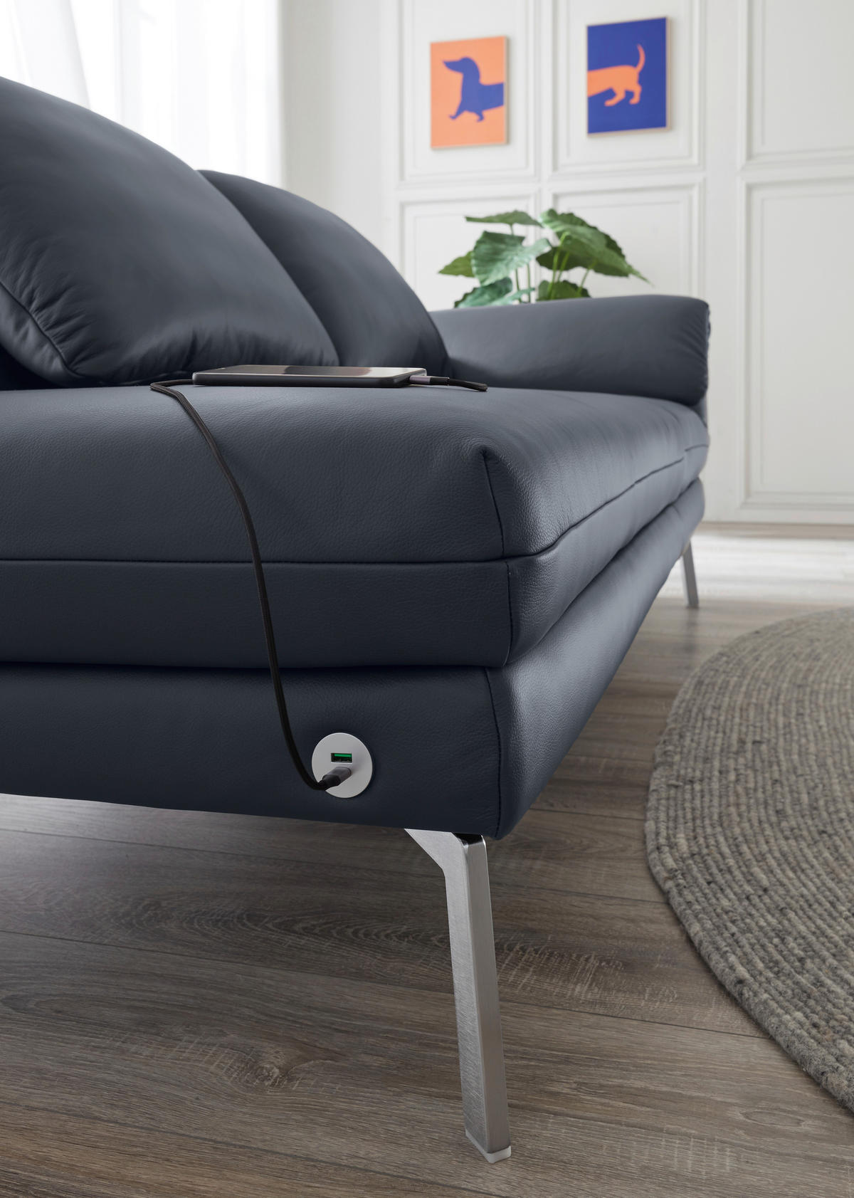 RÉCAMIERE Dunkelblau, Blaugrau Echtleder  - Chromfarben/Blaugrau, Design, Leder/Metall (209/85-109/95-16cm) - Dieter Knoll