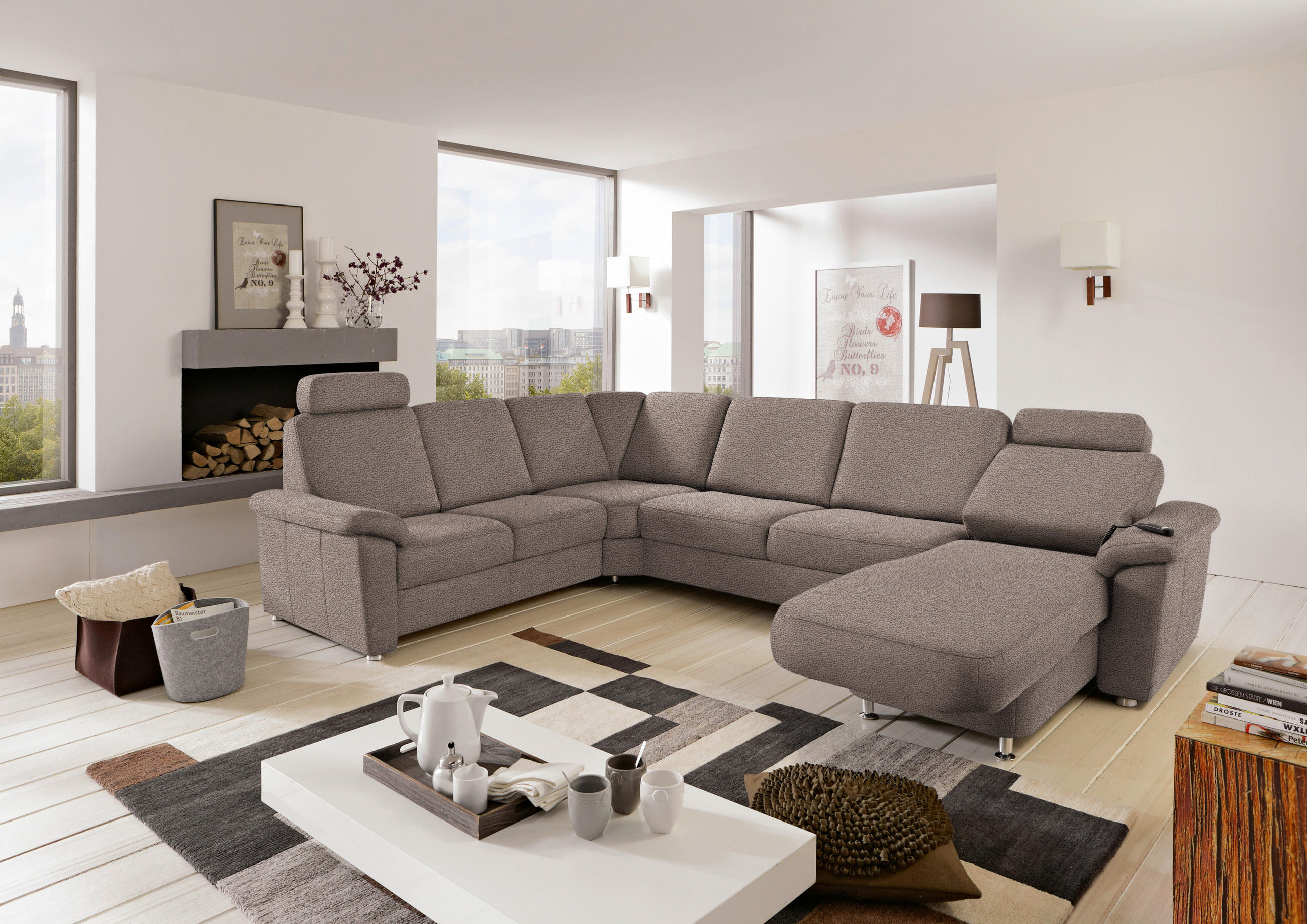 WOHNLANDSCHAFT in Flachgewebe Graubraun  - Chromfarben/Graubraun, Konventionell, Textil/Metall (240/330/163cm) - Beldomo System