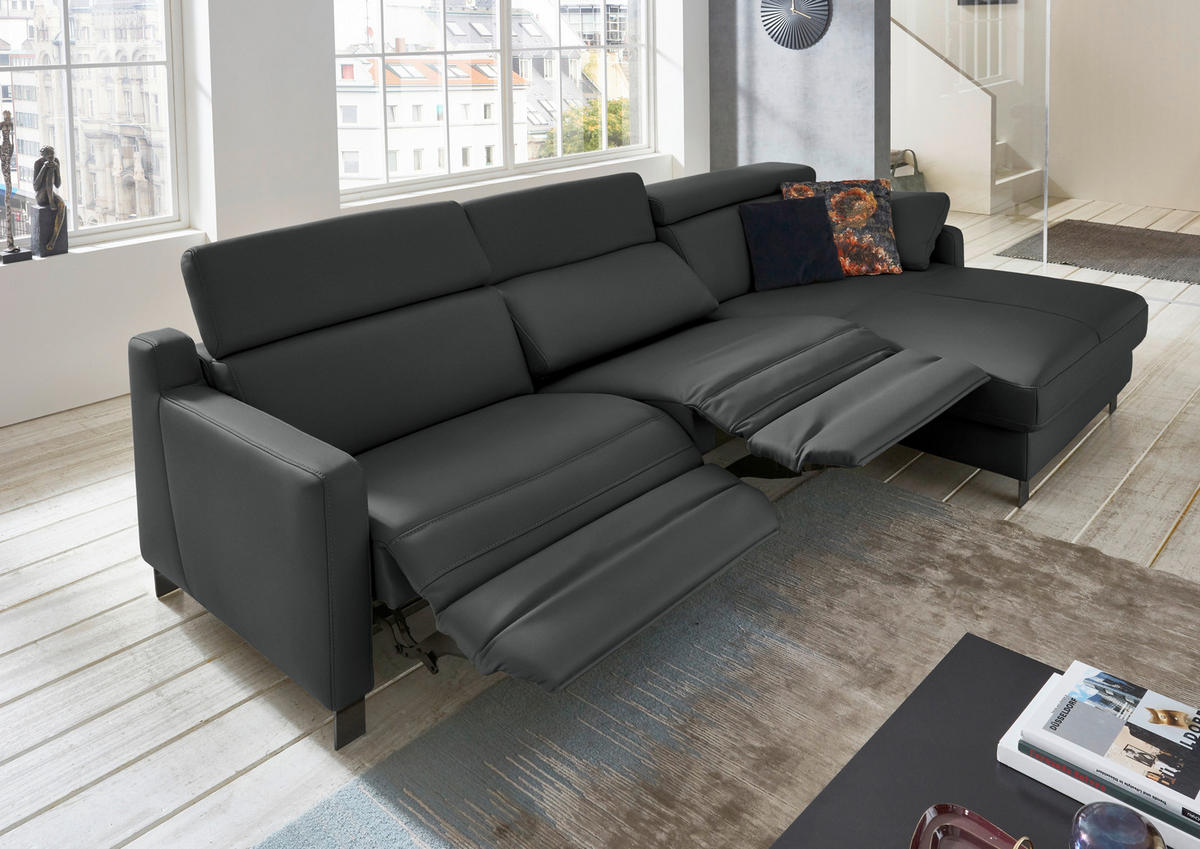 ECKSOFA in Echtleder Anthrazit  - Anthrazit/Schwarz, Design, Leder/Metall (291/176cm) - Valdera