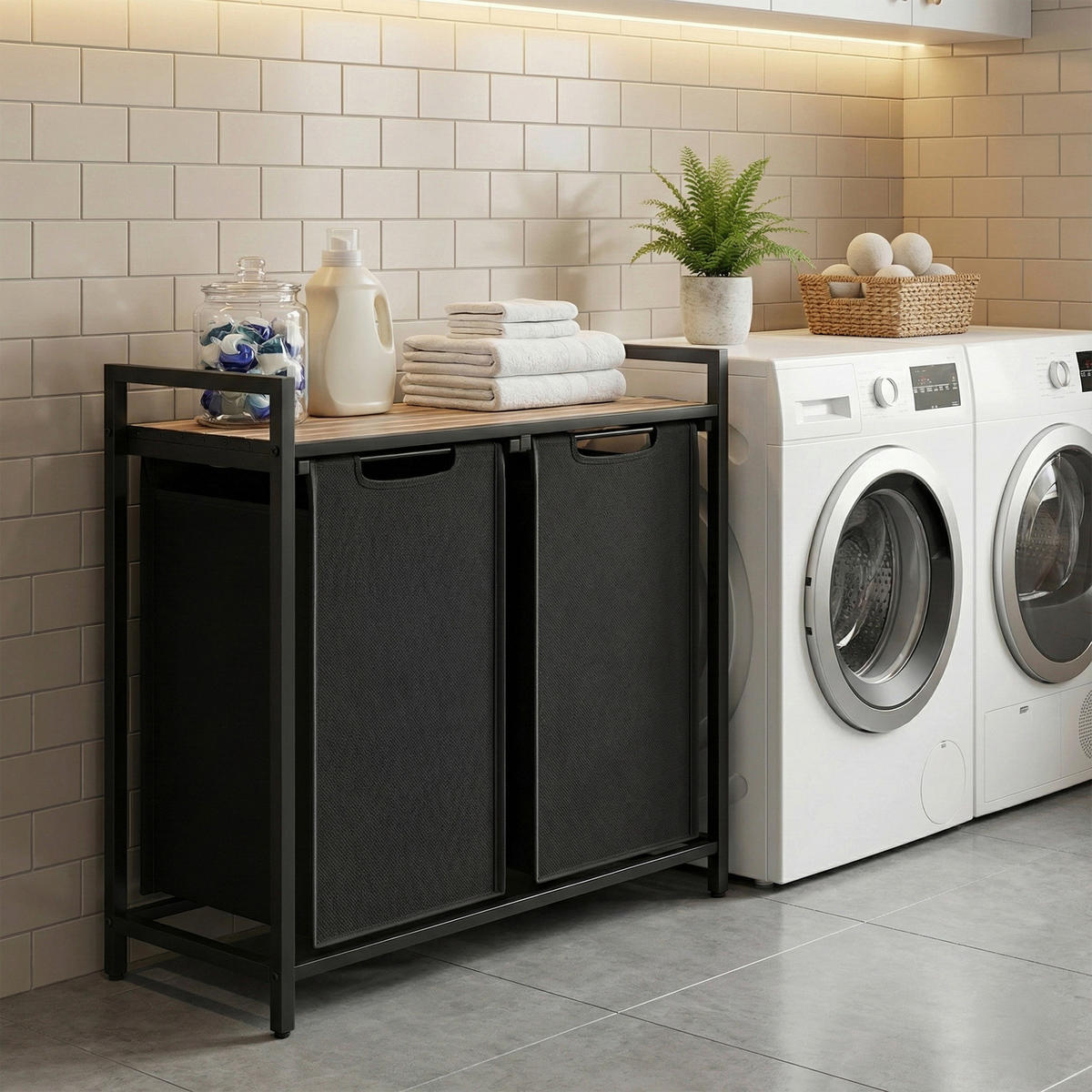 WÄSCHEKORB - Eichefarben/Schwarz, Trend, Holzwerkstoff/Textil (73/72/33cm) - Boxxx