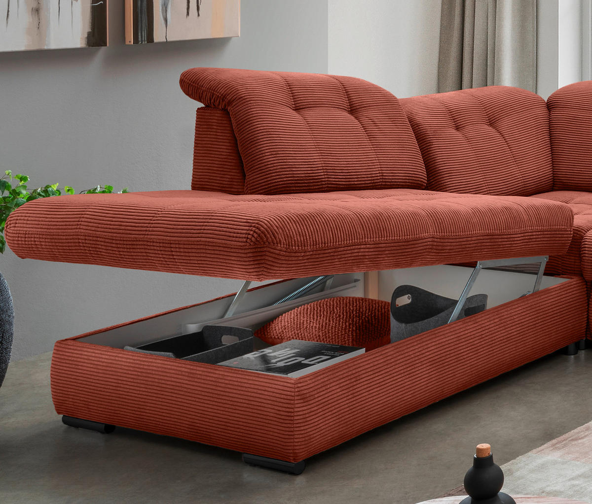 WOHNLANDSCHAFT in Cord Koralle  - Koralle/Schwarz, Modern, Textil/Metall (252/387/184cm) - Livetastic